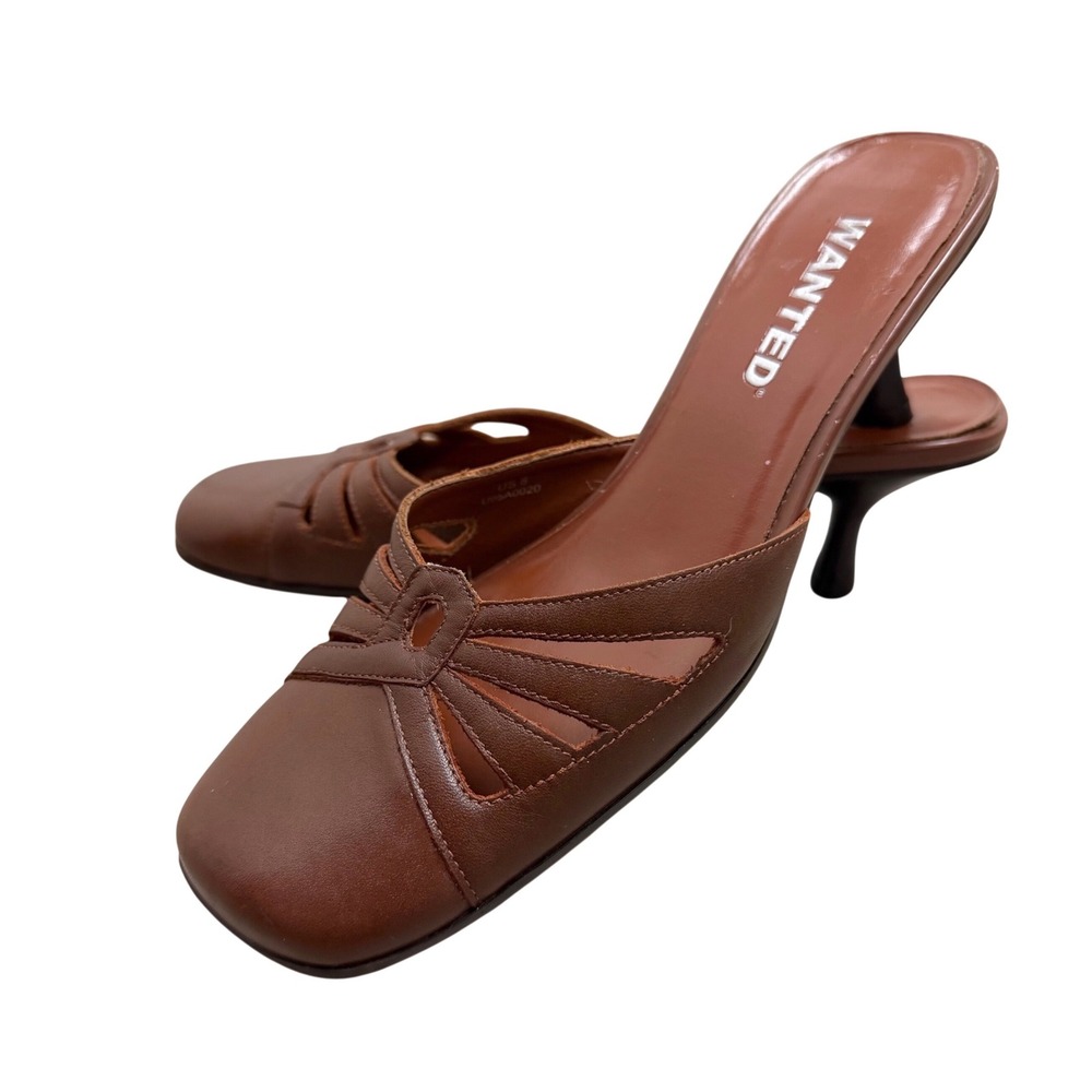 Wanted Leather Kitten Heel Mules Square Toe Brown Y2K aesthetic Retro Academia 8